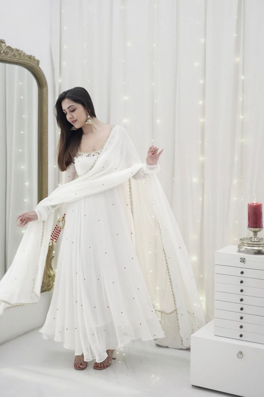 Function Wear White Color Faux Georgette With Hand Work Designer Gown