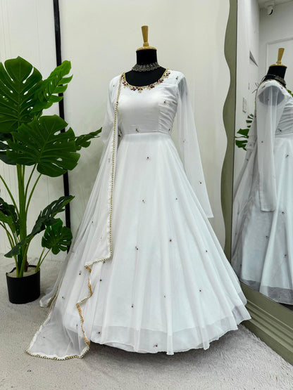 Function Wear White Color Faux Georgette With Hand Work Designer Gown