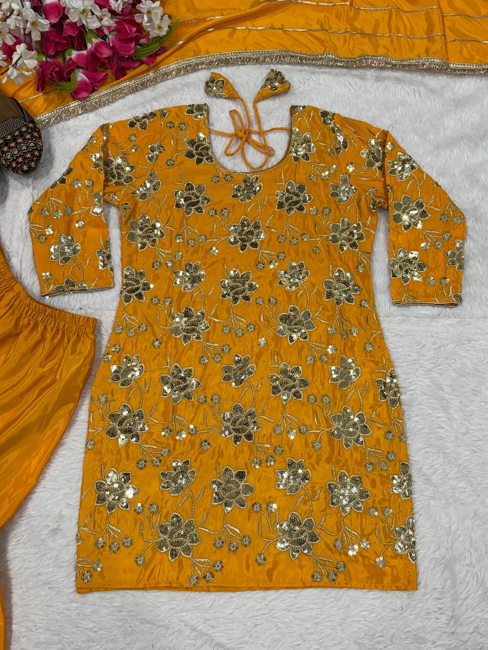Wedding Wear Yellow Color Embroidery Work Sharara Palazzo Suit Set