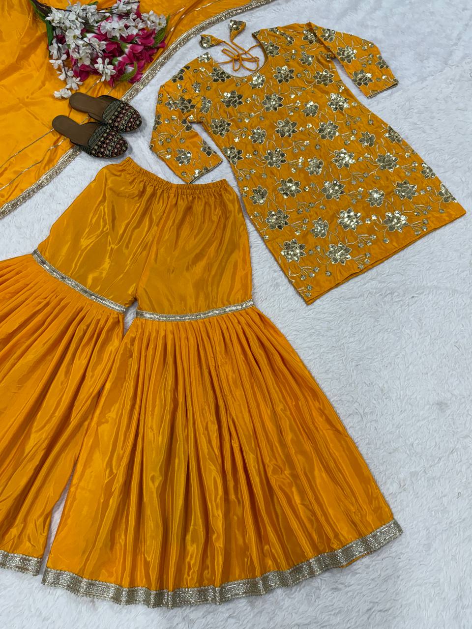 Wedding Wear Yellow Color Embroidery Work Sharara Palazzo Suit Set