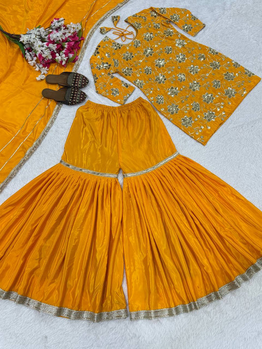 Wedding Wear Yellow Color Embroidery Work Sharara Palazzo Suit Set