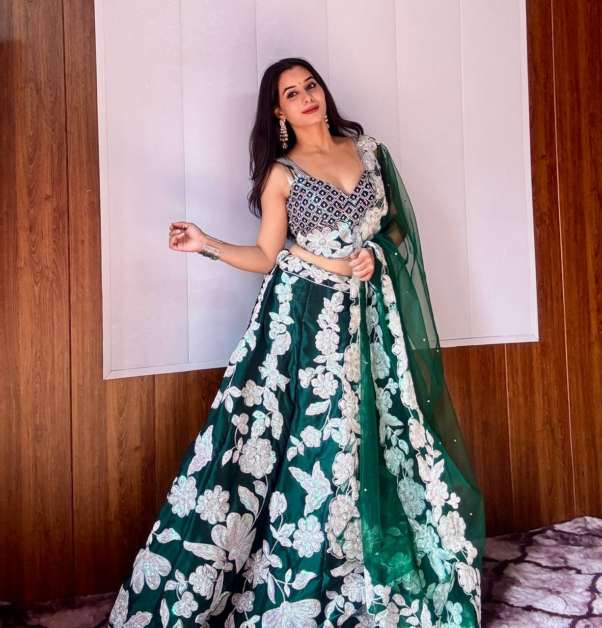 Party Wear Green Color Rainbow Sequence Work Navy Blue Color Lehenga Choli