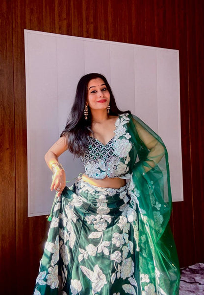 Party Wear Green Color Rainbow Sequence Work Navy Blue Color Lehenga Choli