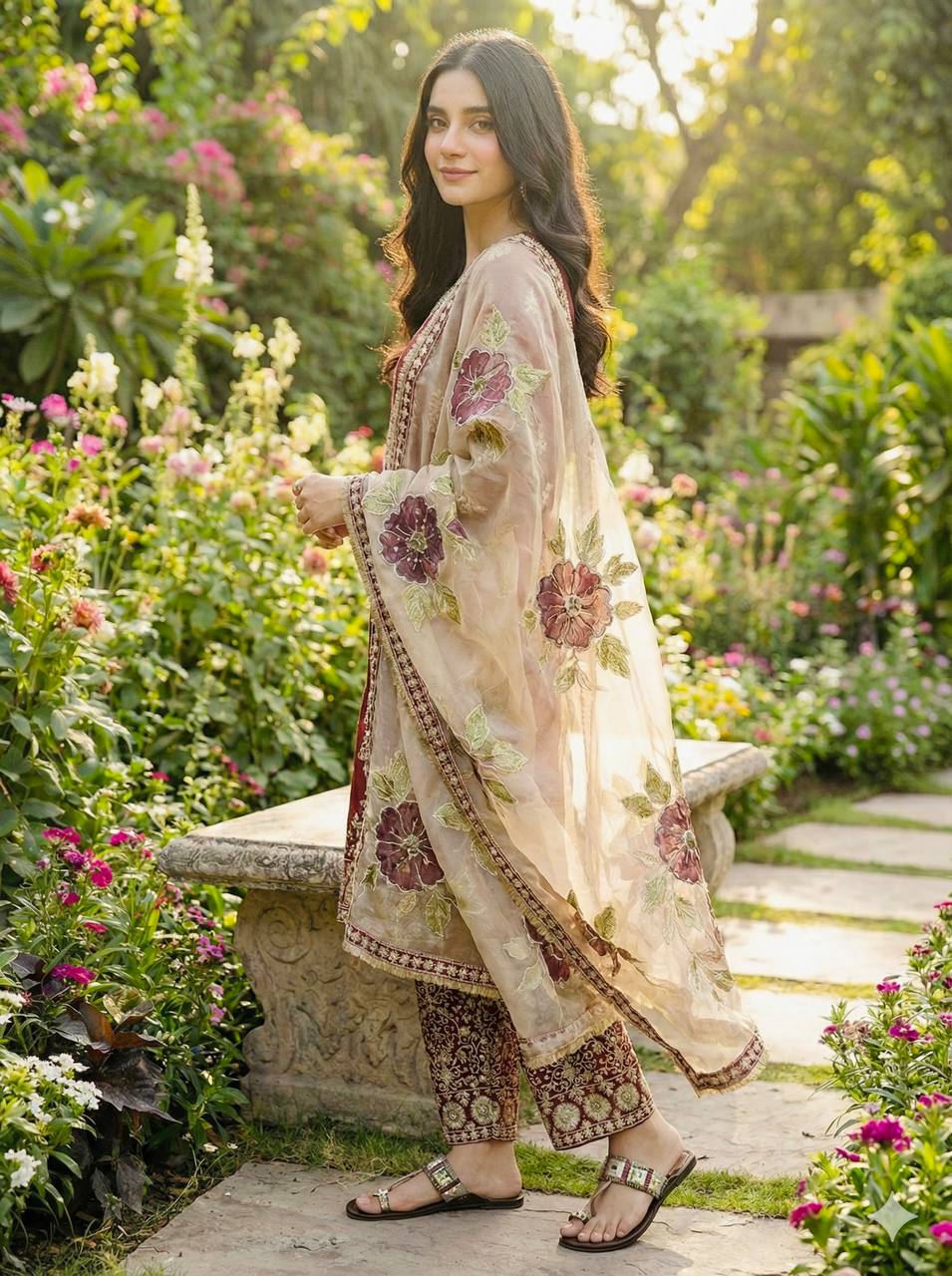 Ceremony Wear Maroon Color Embroidered Silk Pakistani Plazzo Suit