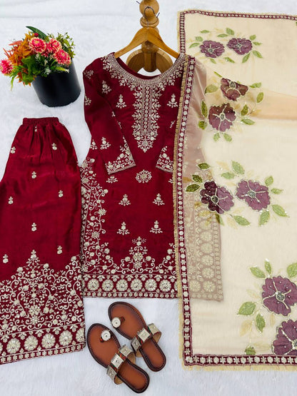 Ceremony Wear Maroon Color Embroidered Silk Pakistani Plazzo Suit