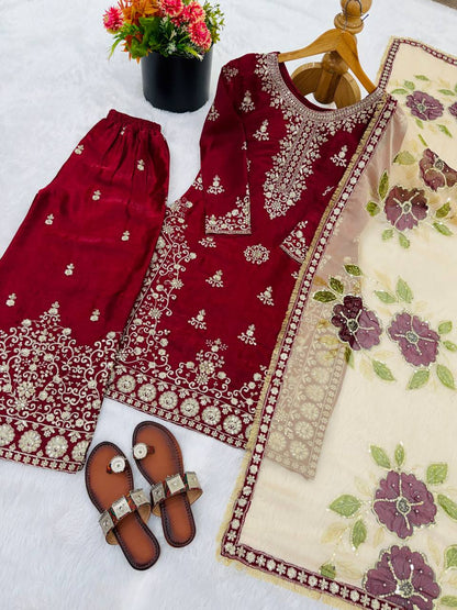 Ceremony Wear Maroon Color Embroidered Silk Pakistani Plazzo Suit