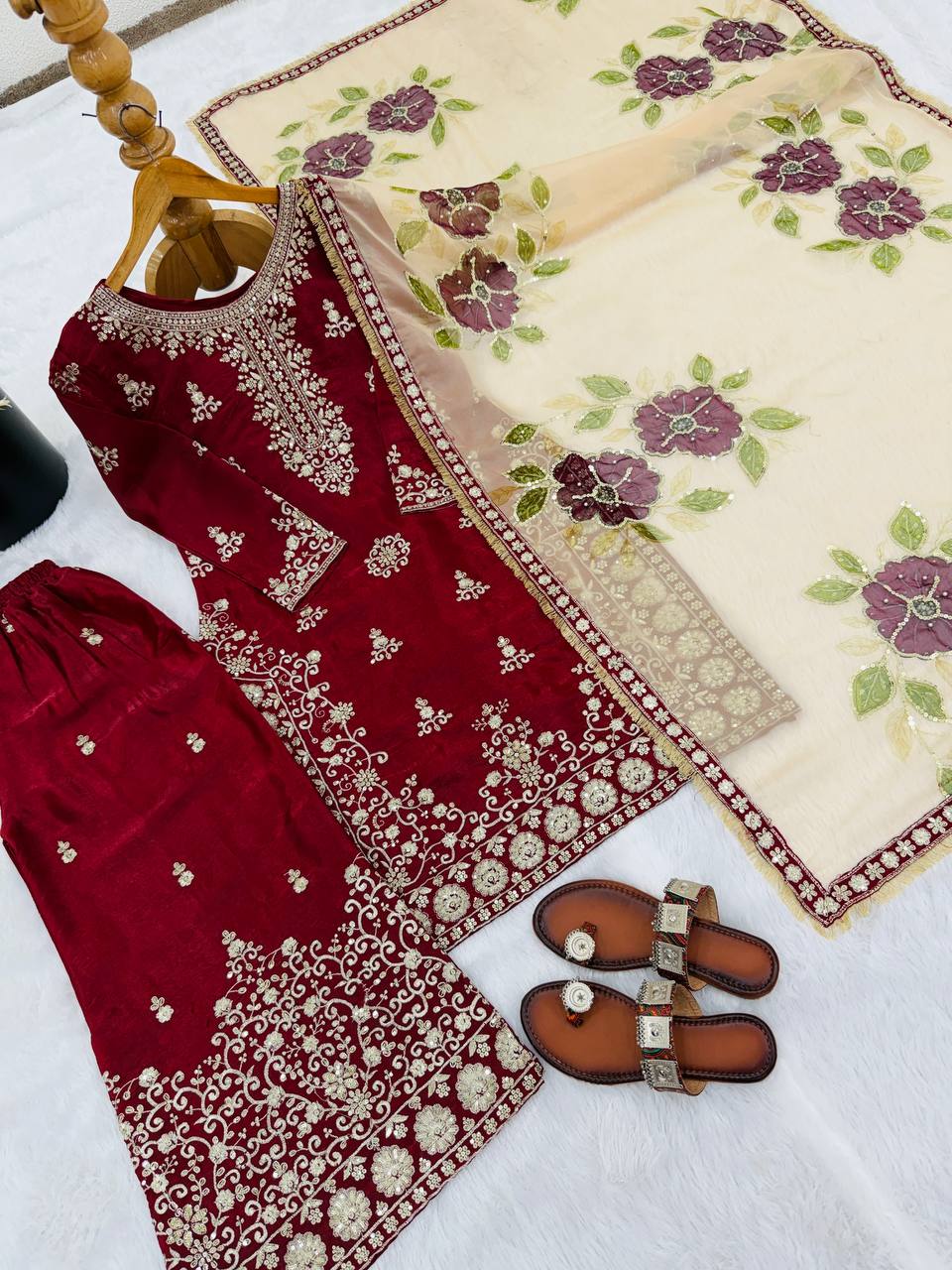 Ceremony Wear Maroon Color Embroidered Silk Pakistani Plazzo Suit