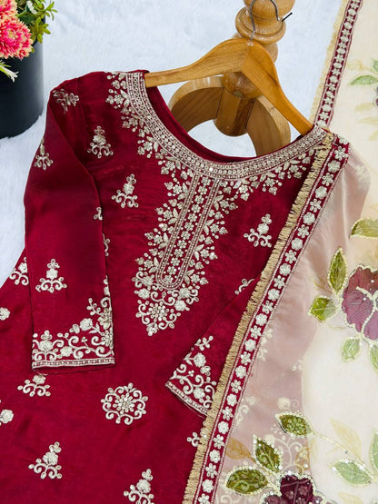 Ceremony Wear Maroon Color Embroidered Silk Pakistani Plazzo Suit