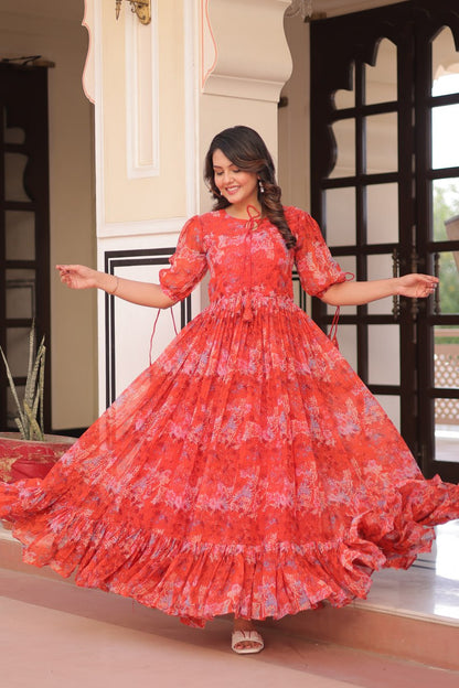 Casual Wear Red Color Faux Georgette With Printed Designer Gown