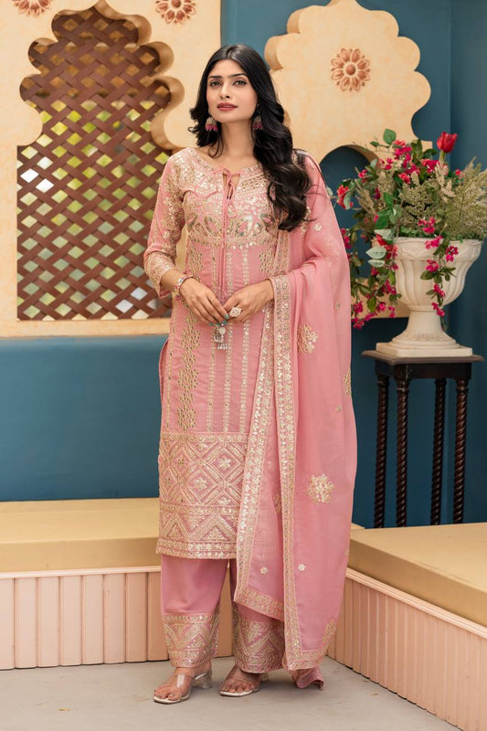 Luxuriant Peach Color Heavy Star Georgette With Embroidery Coding Sequences Work Salwar Suit