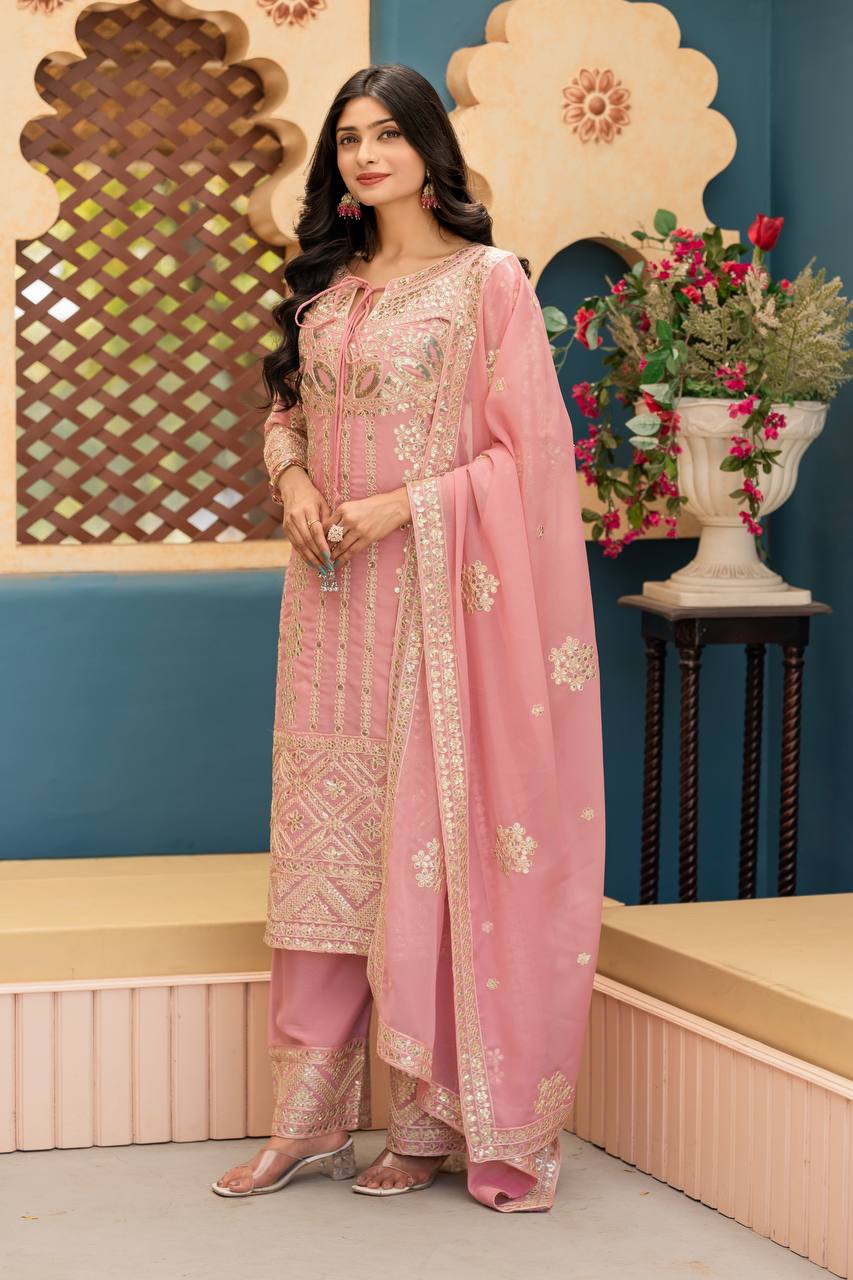 Luxuriant Peach Color Heavy Star Georgette With Embroidery Coding Sequences Work Salwar Suit