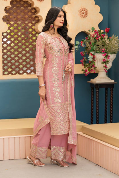 Luxuriant Peach Color Heavy Star Georgette With Embroidery Coding Sequences Work Salwar Suit