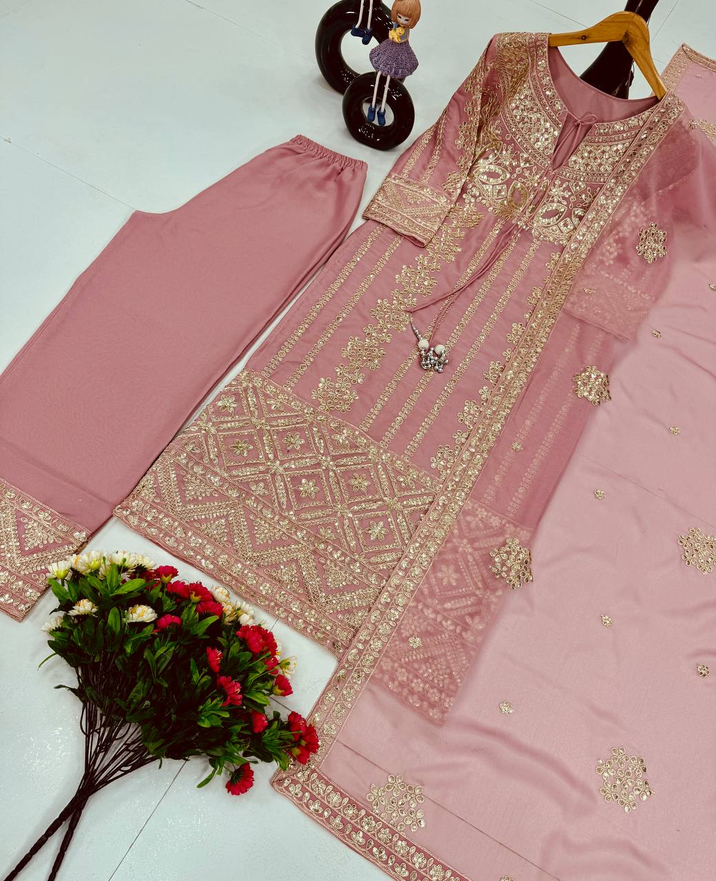 Luxuriant Peach Color Heavy Star Georgette With Embroidery Coding Sequences Work Salwar Suit