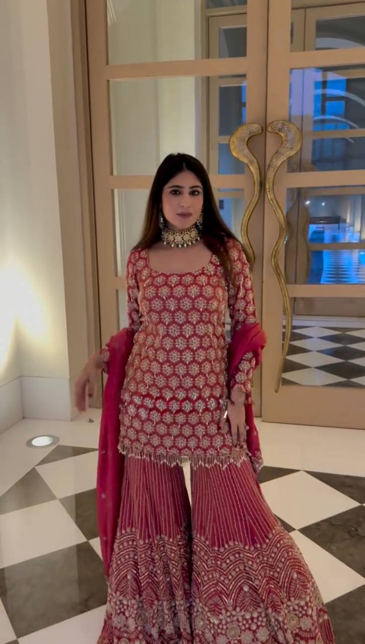 Yankita Kapoor Red Color Faux Georgette Fully Stitched Sharara Suit Set