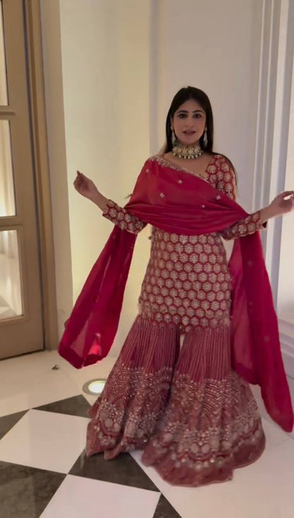 Yankita Kapoor Red Color Faux Georgette Fully Stitched Sharara Suit Set