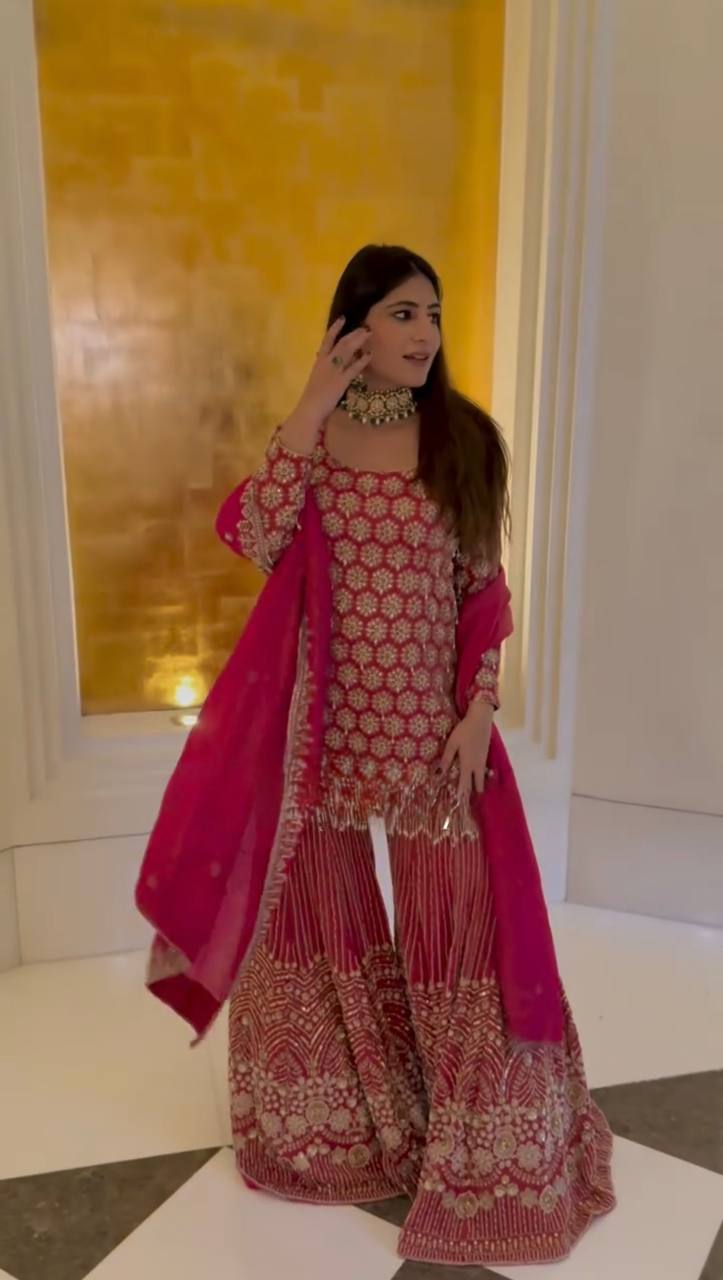 Yankita Kapoor Red Color Faux Georgette Fully Stitched Sharara Suit Set