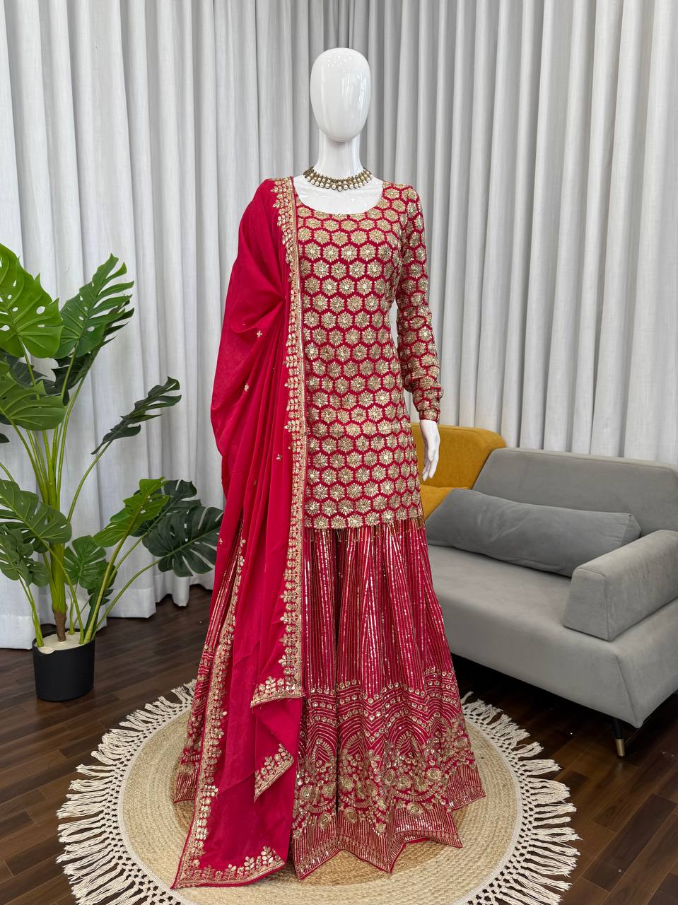 Yankita Kapoor Red Color Faux Georgette Fully Stitched Sharara Suit Set