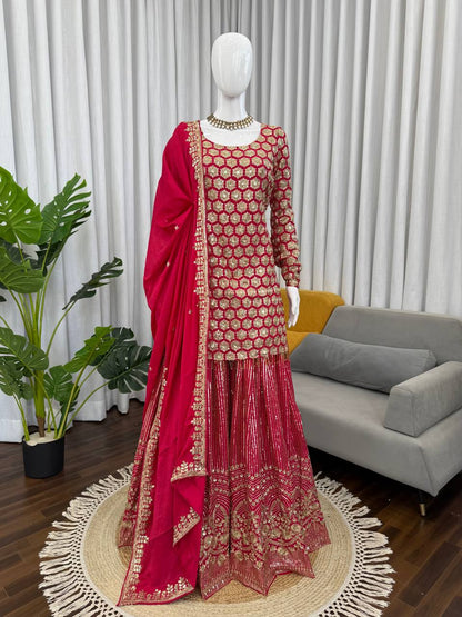 Yankita Kapoor Red Color Faux Georgette Fully Stitched Sharara Suit Set