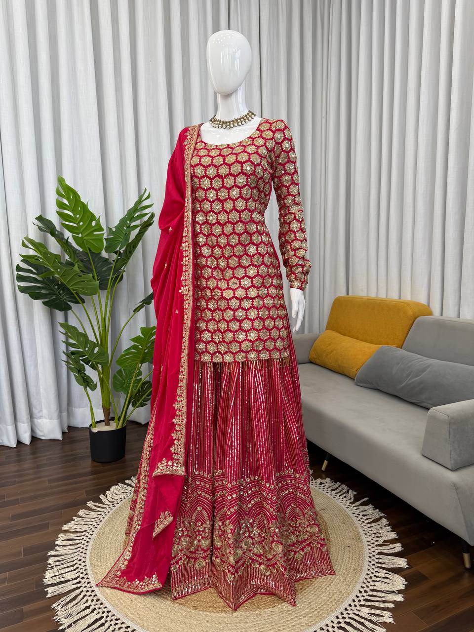 Yankita Kapoor Red Color Faux Georgette Fully Stitched Sharara Suit Set