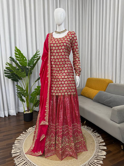 Yankita Kapoor Red Color Faux Georgette Fully Stitched Sharara Suit Set