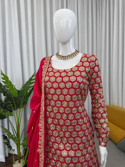 Yankita Kapoor Red Color Faux Georgette Fully Stitched Sharara Suit Set