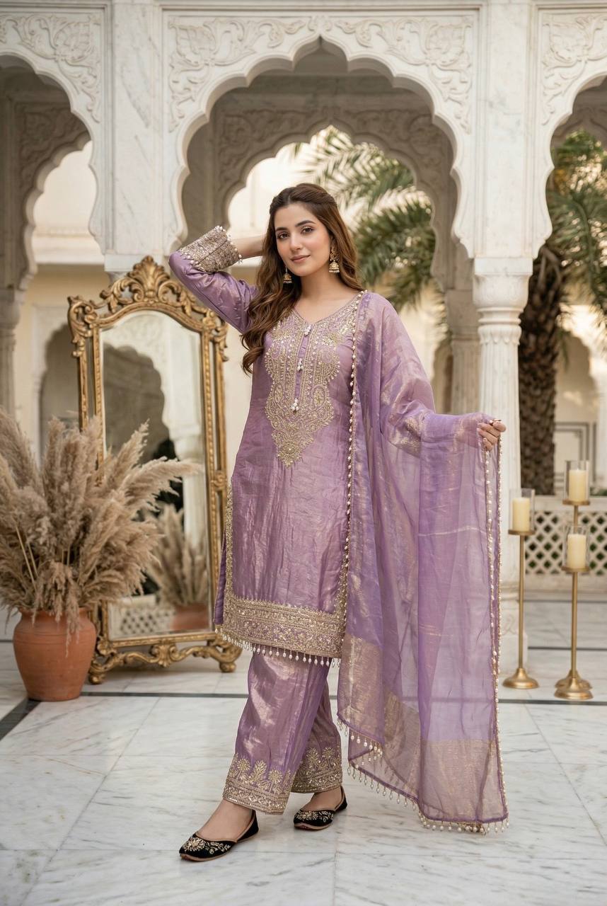 Luxury Lavender Color Heavy Fendy Silk Designer Palazzo Suit