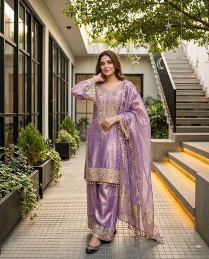Luxury Lavender Color Heavy Fendy Silk Designer Palazzo Suit