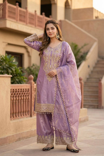 Luxury Lavender Color Heavy Fendy Silk Designer Palazzo Suit