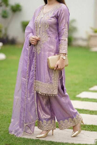 Luxury Lavender Color Heavy Fendy Silk Designer Palazzo Suit