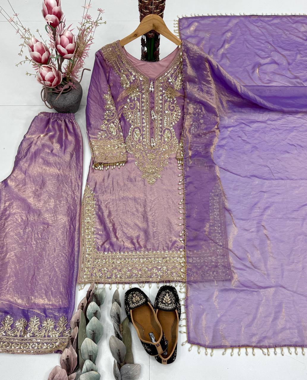 Luxury Lavender Color Heavy Fendy Silk Designer Palazzo Suit