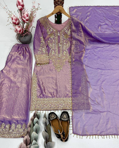 Luxury Lavender Color Heavy Fendy Silk Designer Palazzo Suit