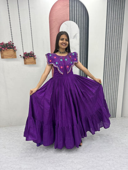 Glorious Purple Color Mal Cotton Hand Mirror Work Gown