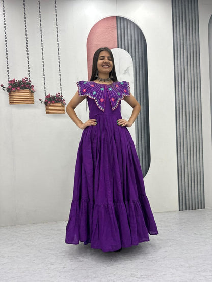 Glorious Purple Color Mal Cotton Hand Mirror Work Gown