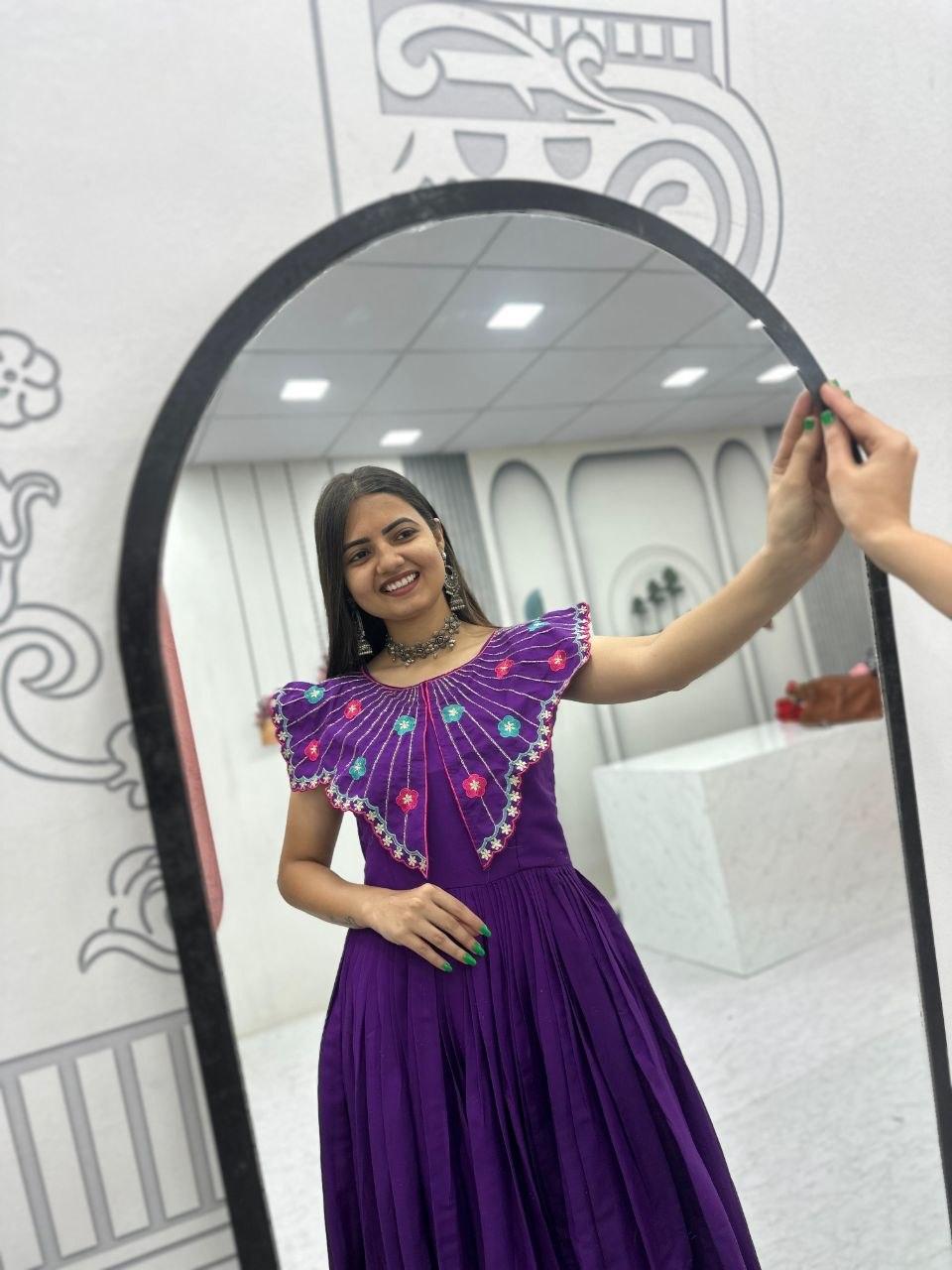 Glorious Purple Color Mal Cotton Hand Mirror Work Gown