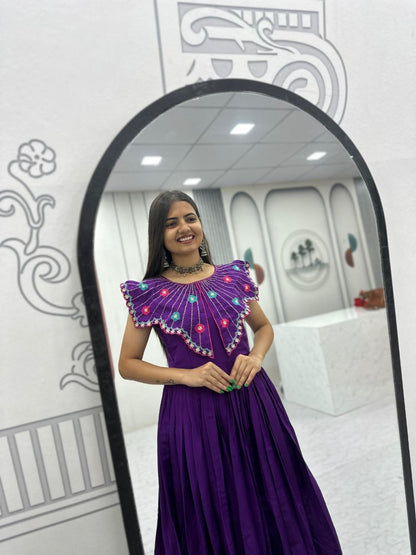 Glorious Purple Color Mal Cotton Hand Mirror Work Gown