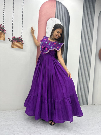 Glorious Purple Color Mal Cotton Hand Mirror Work Gown