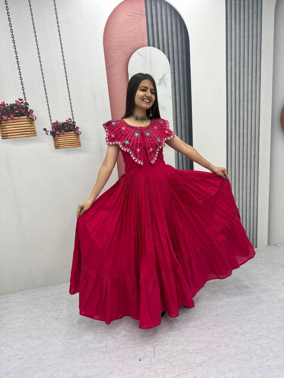 Festive Wear Pink Color Embroidred Hand Mirror Work Gown