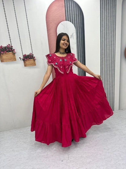 Festive Wear Pink Color Embroidred Hand Mirror Work Gown