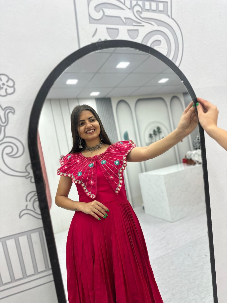 Festive Wear Pink Color Embroidred Hand Mirror Work Gown