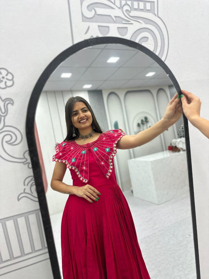 Festive Wear Pink Color Embroidred Hand Mirror Work Gown