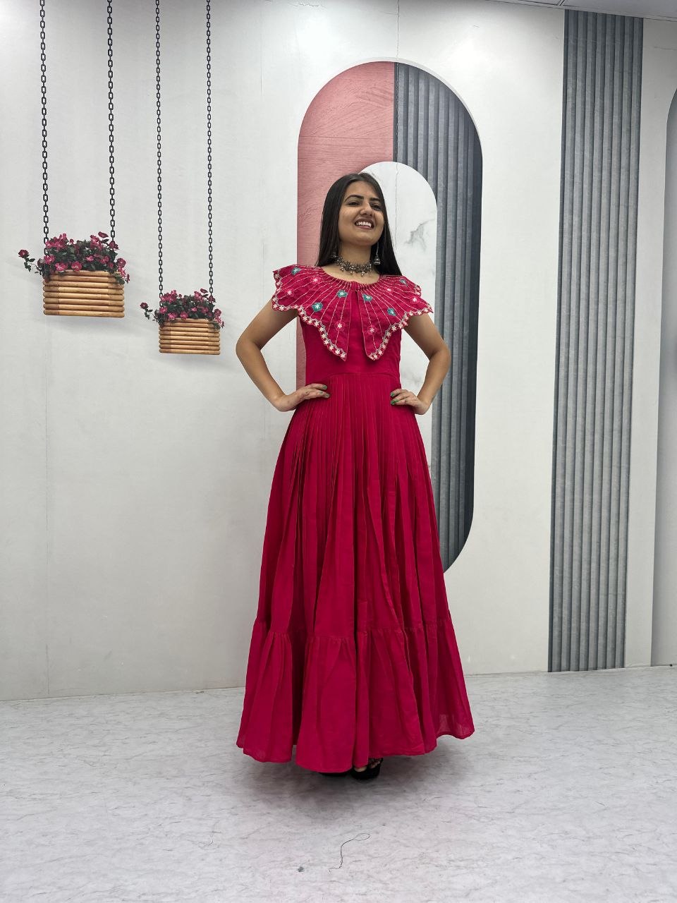 Festive Wear Pink Color Embroidred Hand Mirror Work Gown