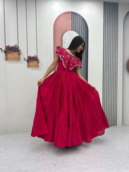 Festive Wear Pink Color Embroidred Hand Mirror Work Gown