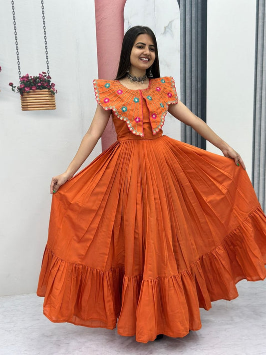 Outstanding Orange Color Embroidred Hand Mirror Work Gown