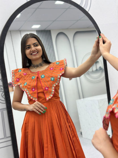 Outstanding Orange Color Embroidred Hand Mirror Work Gown