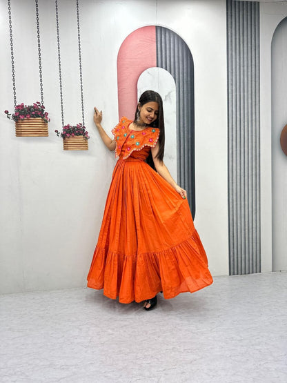Outstanding Orange Color Embroidred Hand Mirror Work Gown