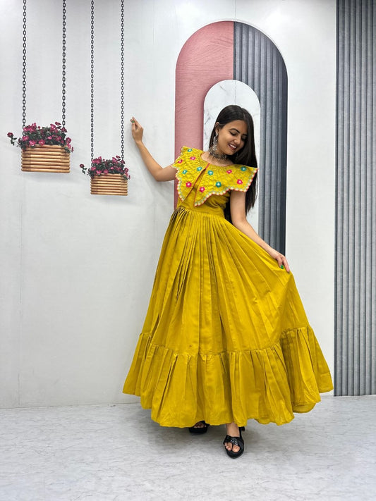 Traditional Wear Green Color Embroidered Hand Mirror Work Gown