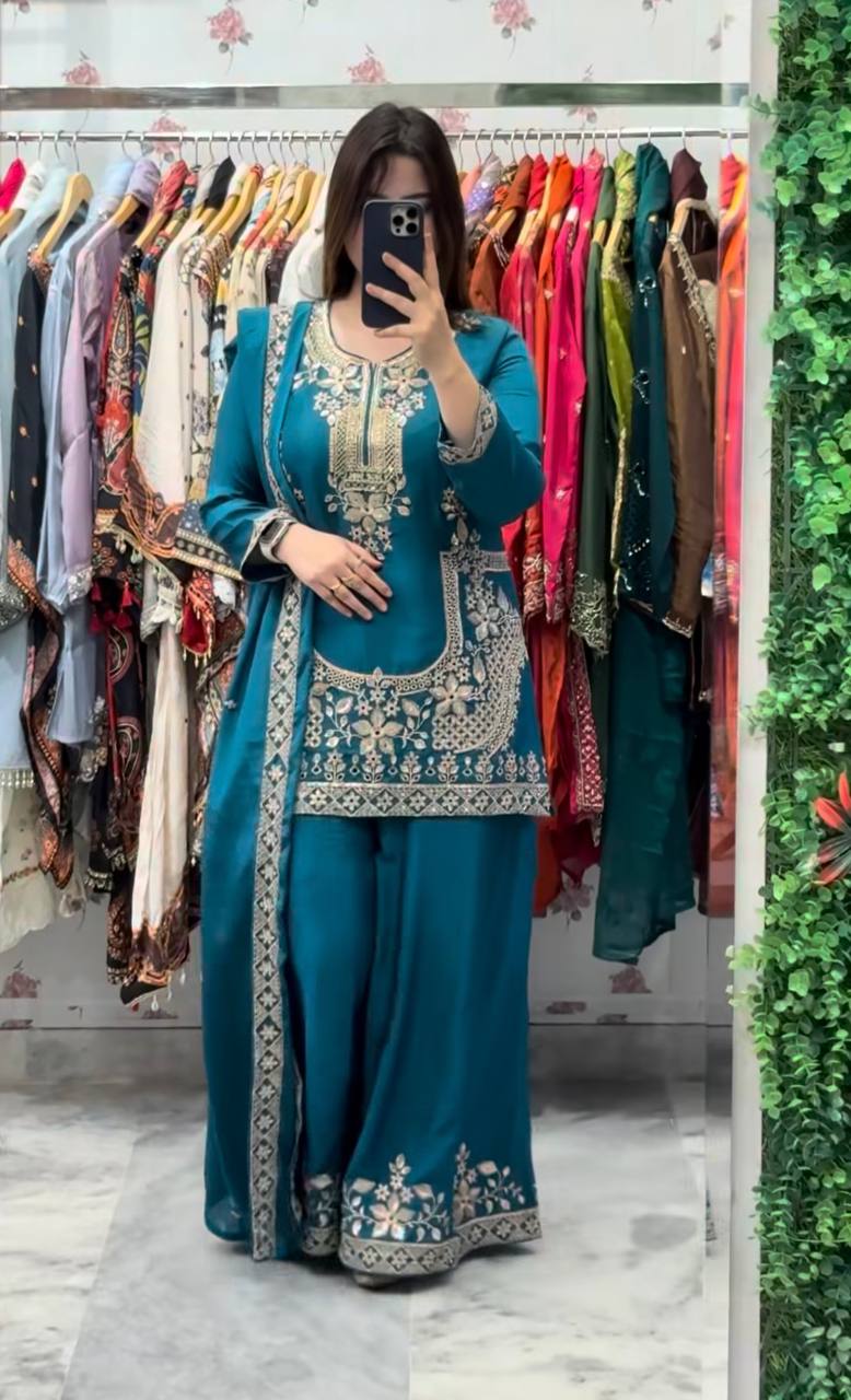 Elegant Teal Color Embroidered Designer Ready To Wear Sharara Set