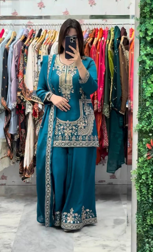 Elegant Teal Color Embroidered Designer Ready To Wear Sharara Set