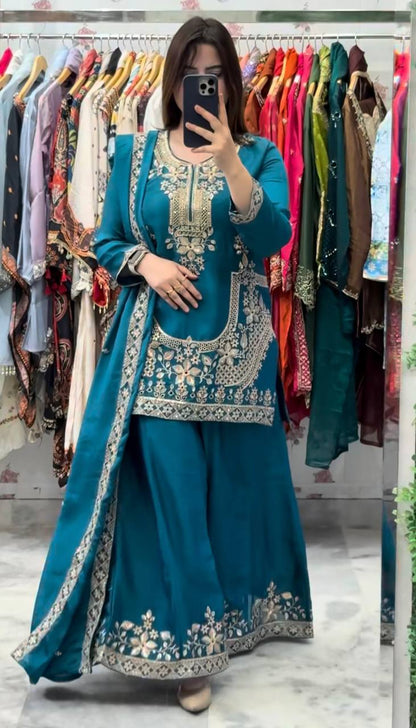 Elegant Teal Color Embroidered Designer Ready To Wear Sharara Set