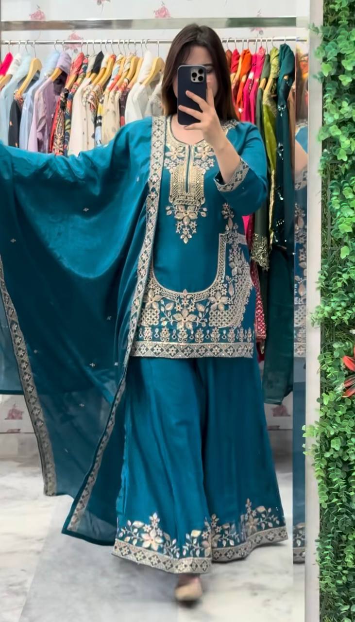 Elegant Teal Color Embroidered Designer Ready To Wear Sharara Set